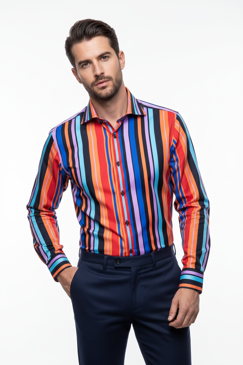 Curtis by Hawes & Curtis York Slim Fit Multicolour Stripe Shirt on model