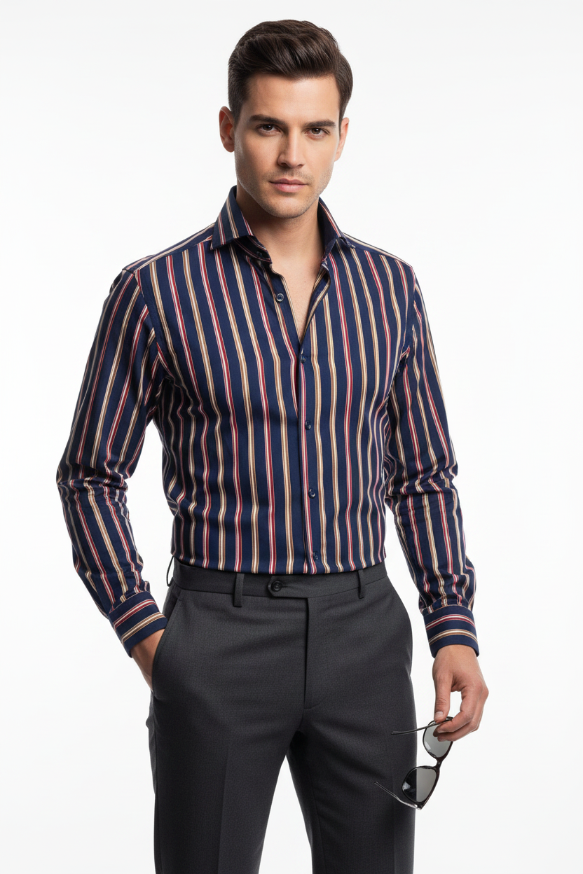 Hawes & Curtis York Slim Fit Multicolour Stripe Shirt on model