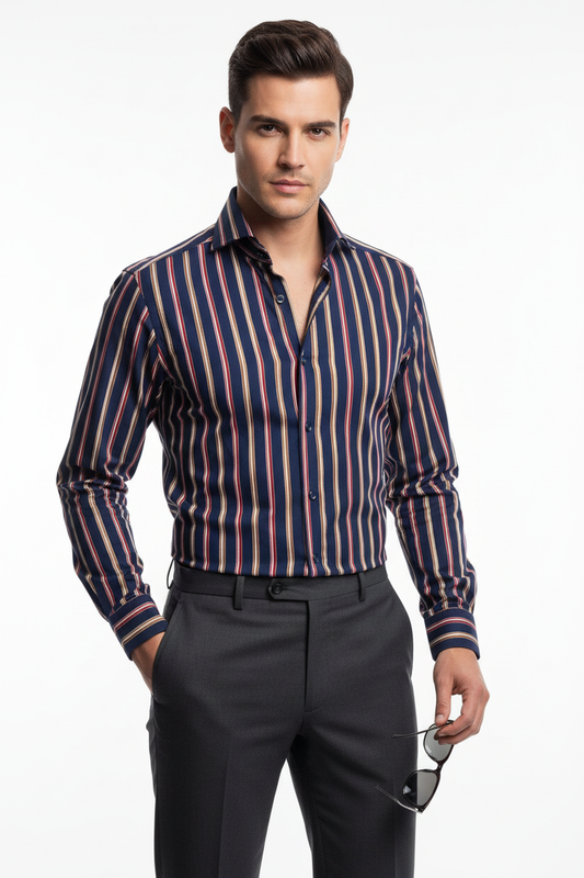 Hawes & Curtis York Slim Fit Multicolour Stripe Shirt on model