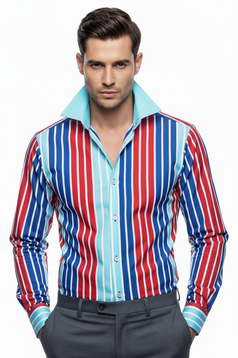 Curtis by Hawes & Curtis York Slim Fit Red Blue Cyan Stripe Shirt on model