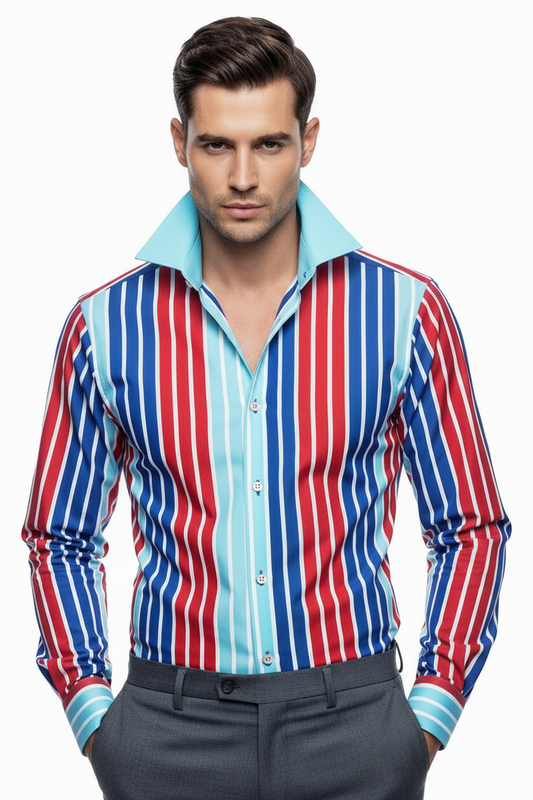 Curtis by Hawes & Curtis York Slim Fit Red Blue Cyan Stripe Shirt on model