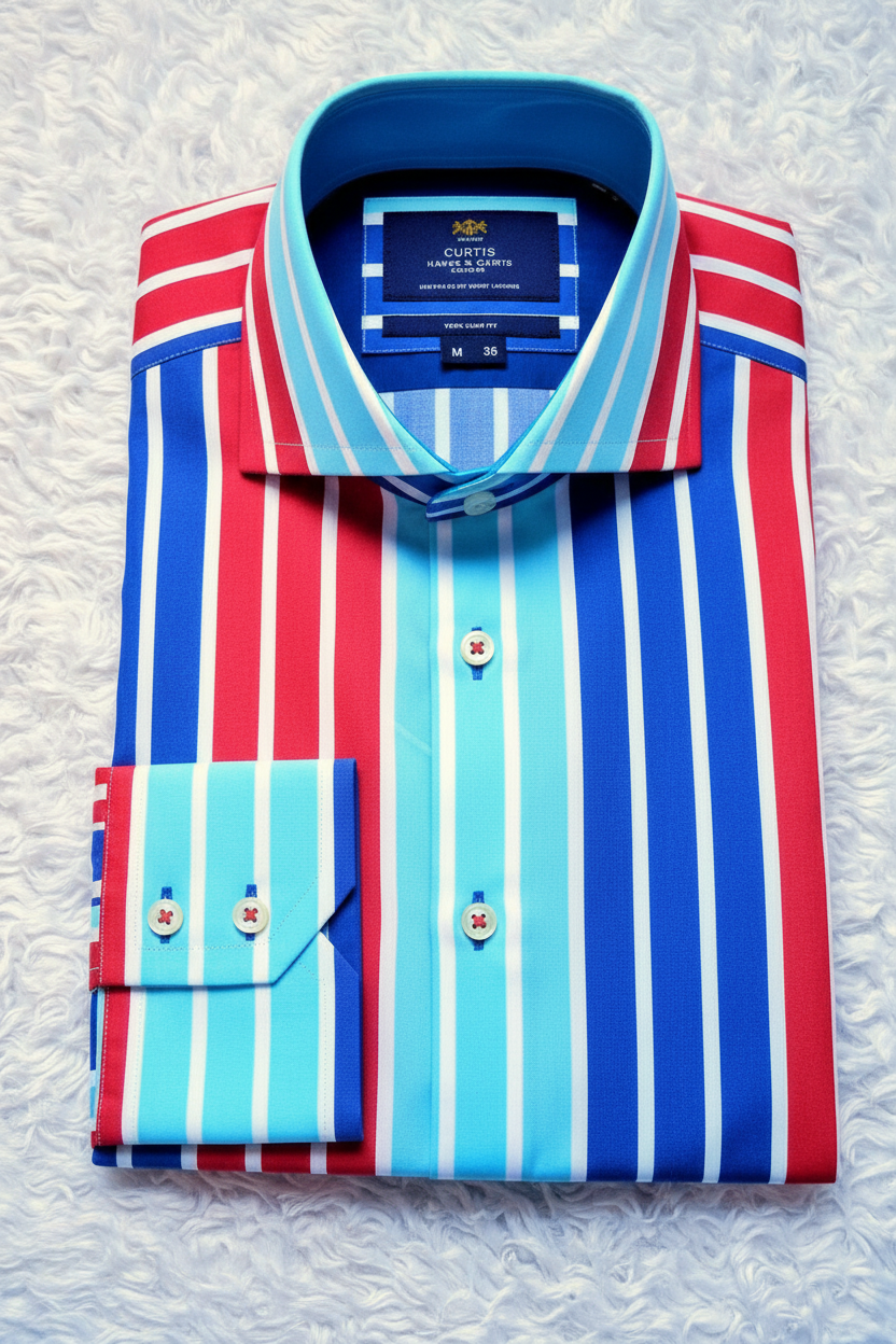 Curtis by Hawes & Curtis York Slim Fit Red Blue Cyan Stripe Shirt folded with sleeve