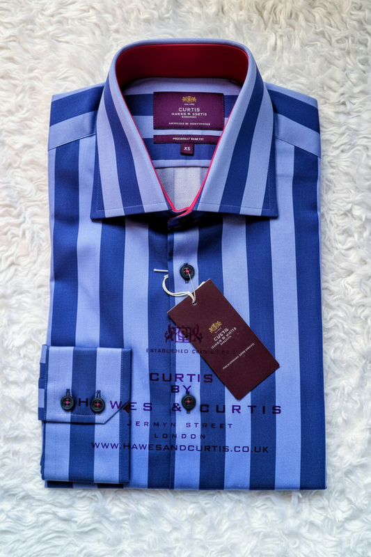 Hawes & Curtis Piccadilly Slim Fit Dark Blue Stripe Shirt folded with tag