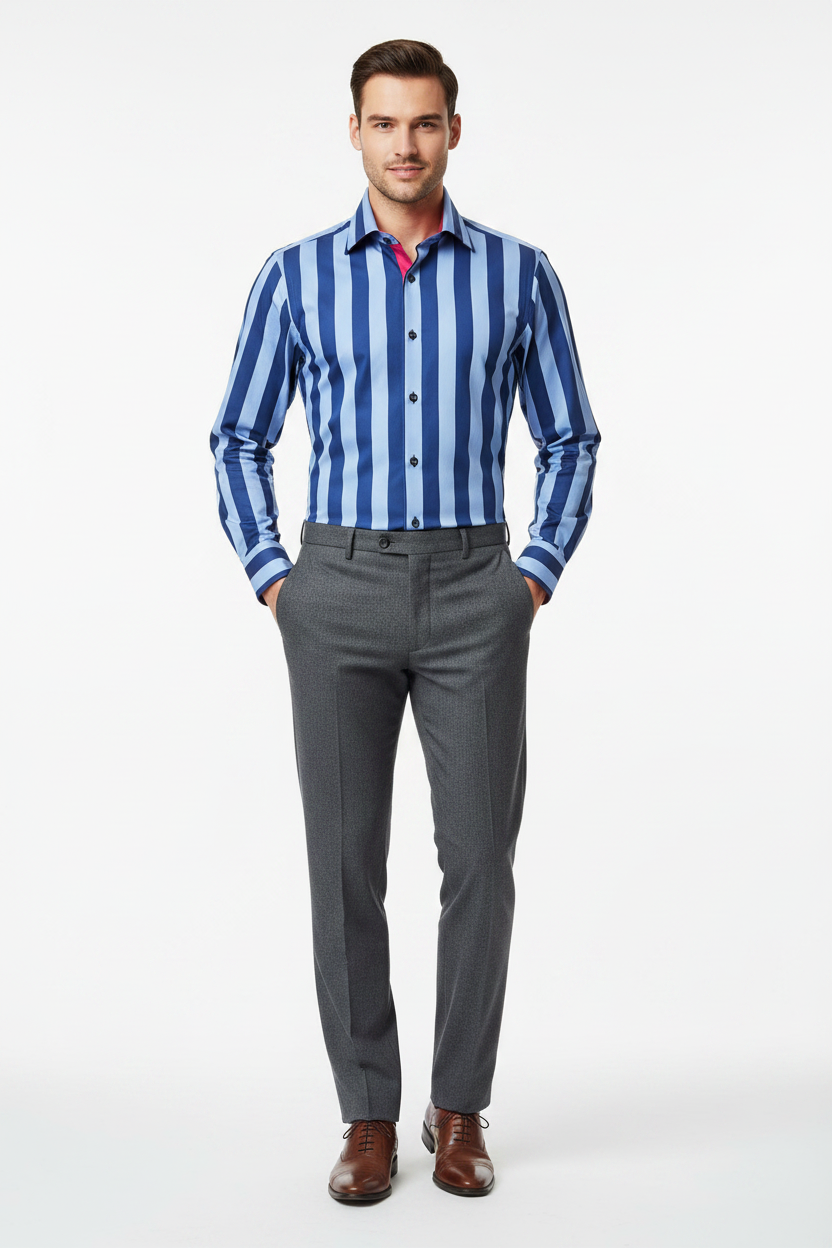 Hawes & Curtis Piccadilly Slim Fit Dark Blue Stripe Shirt on model
