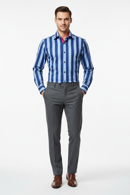 Hawes & Curtis Piccadilly Slim Fit Dark Blue Stripe Shirt on model